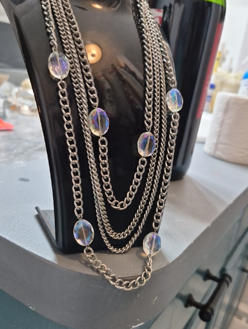 Banana Republic Multi Cuban Silver AB Iridescent crystal Beaded Layered Necklace - Picture 4 of 7